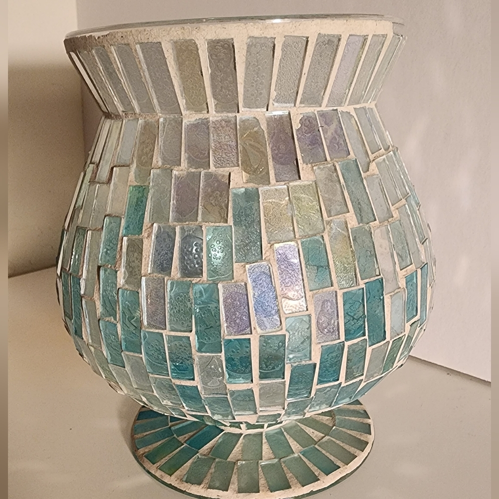 Blue mosaic glass candle holder